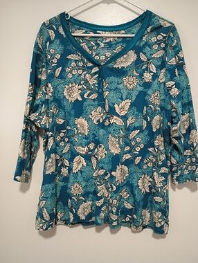 White Stag Women’s Size 2X Teal Floral 3/4 Sleeve Shirt